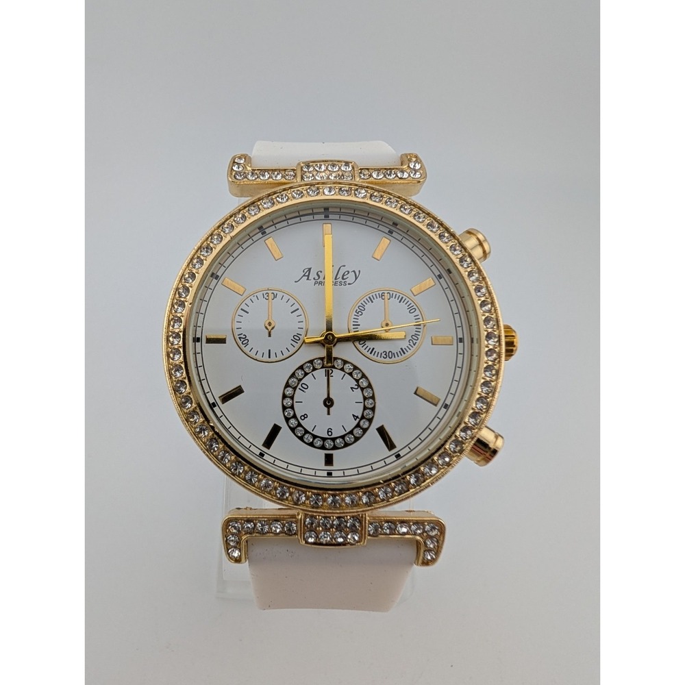 Ashley Princess Crystal Accent Watch Women 40mm‎ Case White Band- New Battery